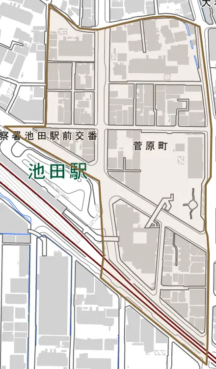 菅原町とその周辺の地図。町の範囲を重ねている