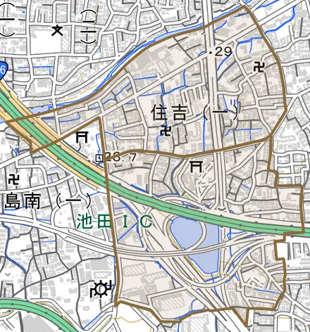 住吉とその周辺の地図。町の範囲を重ねている