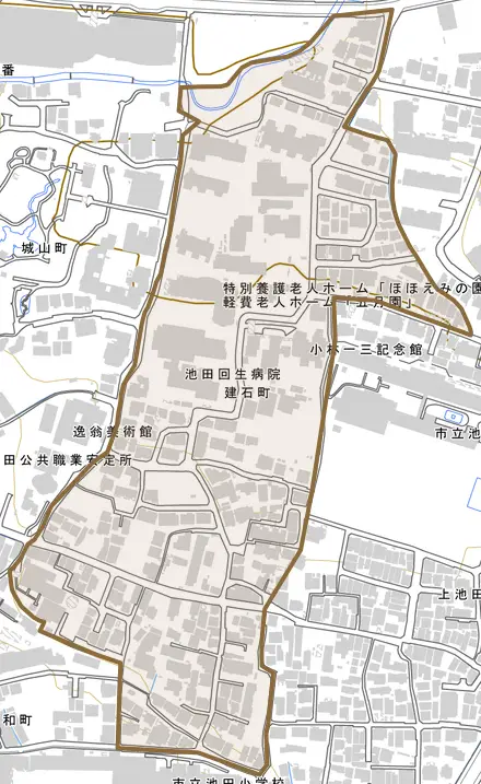 建石町とその周辺の地図。町の範囲を重ねている