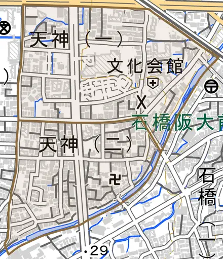 天神とその周辺の地図。町の範囲を重ねている