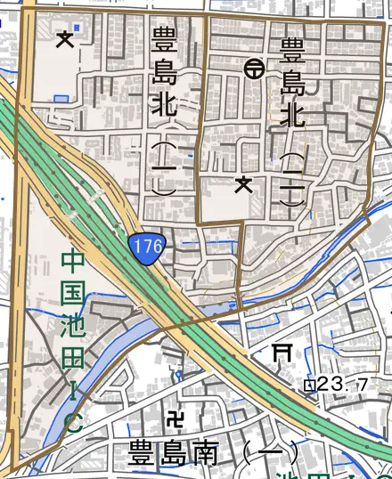 豊島北とその周辺の地図。町の範囲を重ねている