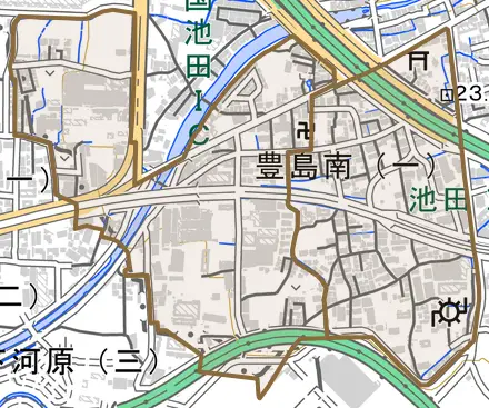 豊島南とその周辺の地図。町の範囲を重ねている
