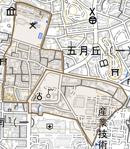 上池田とその周辺の地図。町の範囲を重ねている