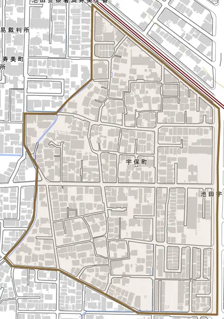 宇保町とその周辺の地図。町の範囲を重ねている