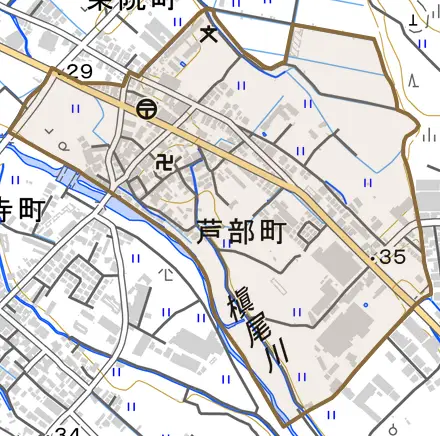 芦部町とその周辺の地図。町の範囲を重ねている