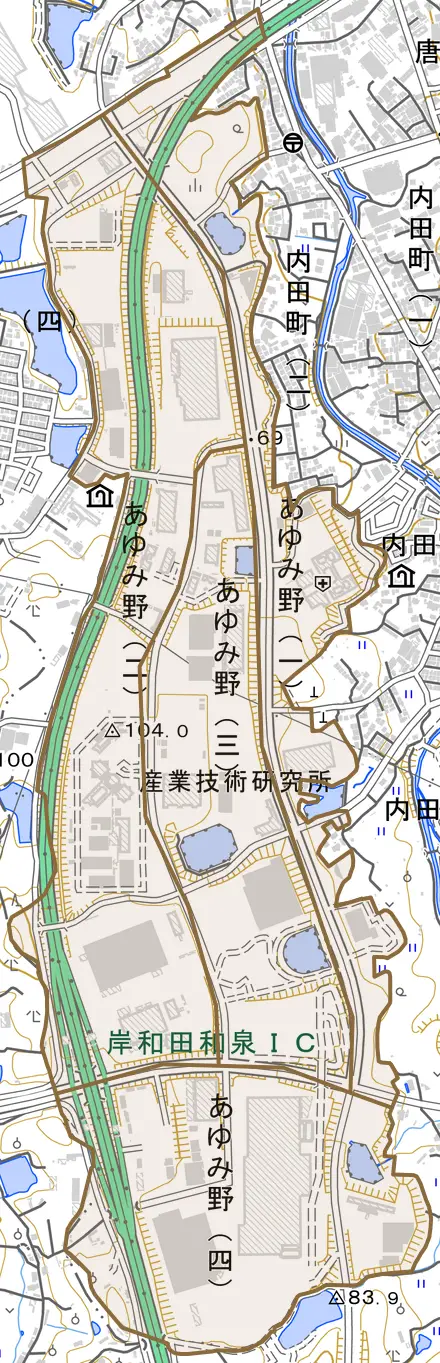 あゆみ野とその周辺の地図。町の範囲を重ねている