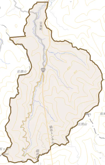 父鬼町とその周辺の地図。町の範囲を重ねている