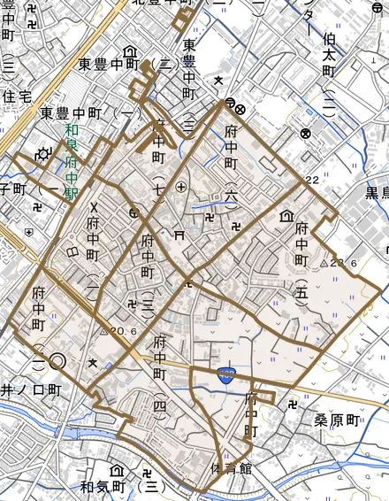 府中町とその周辺の地図。町の範囲を重ねている