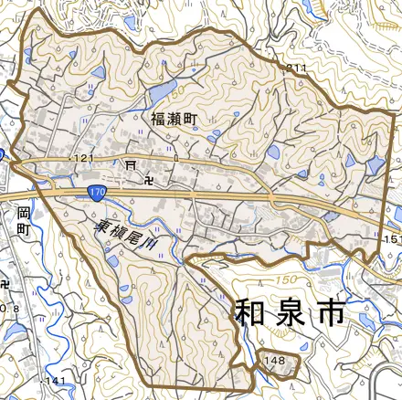 福瀬町とその周辺の地図。町の範囲を重ねている