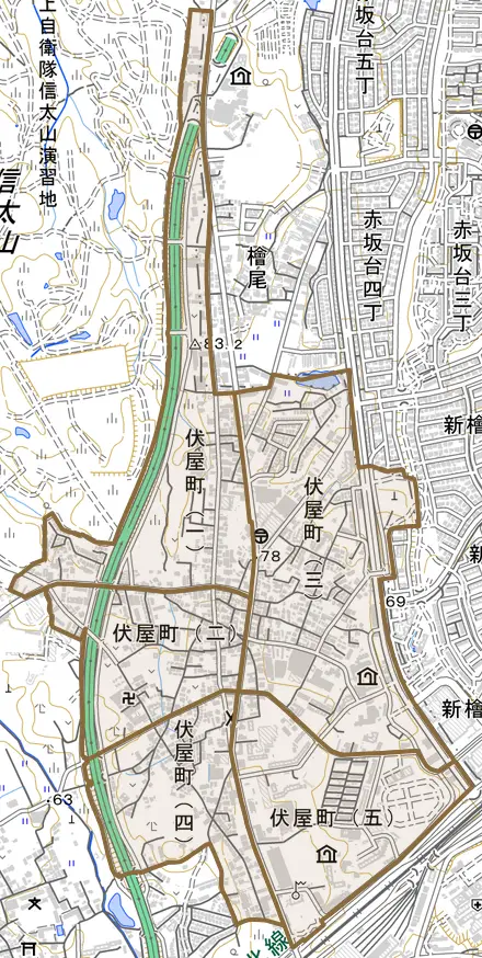 伏屋町とその周辺の地図。町の範囲を重ねている