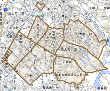 伯太町とその周辺の地図。町の範囲を重ねている