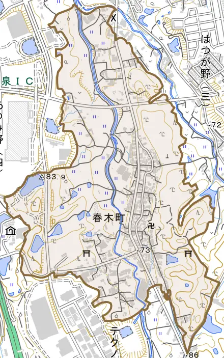 春木町とその周辺の地図。町の範囲を重ねている