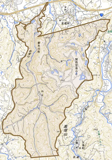 春木川町とその周辺の地図。町の範囲を重ねている