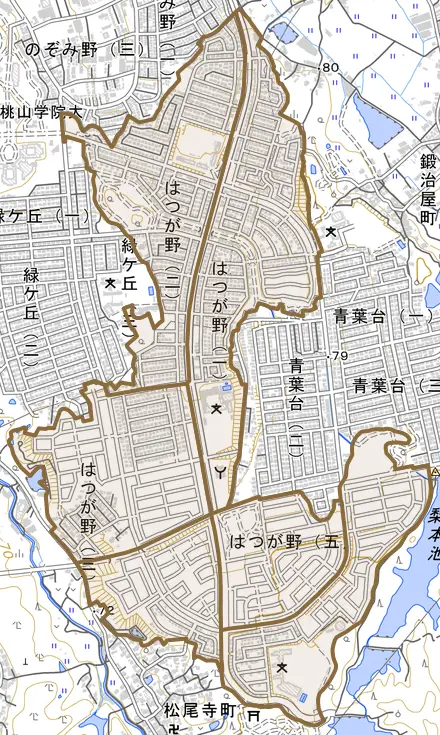 はつが野とその周辺の地図。町の範囲を重ねている