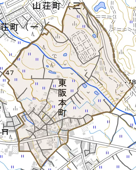東阪本町とその周辺の地図。町の範囲を重ねている