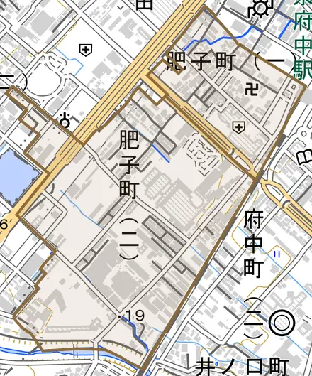 肥子町とその周辺の地図。町の範囲を重ねている