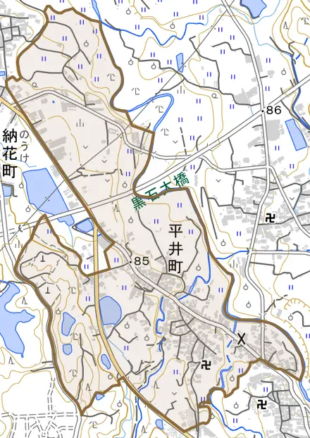 平井町とその周辺の地図。町の範囲を重ねている