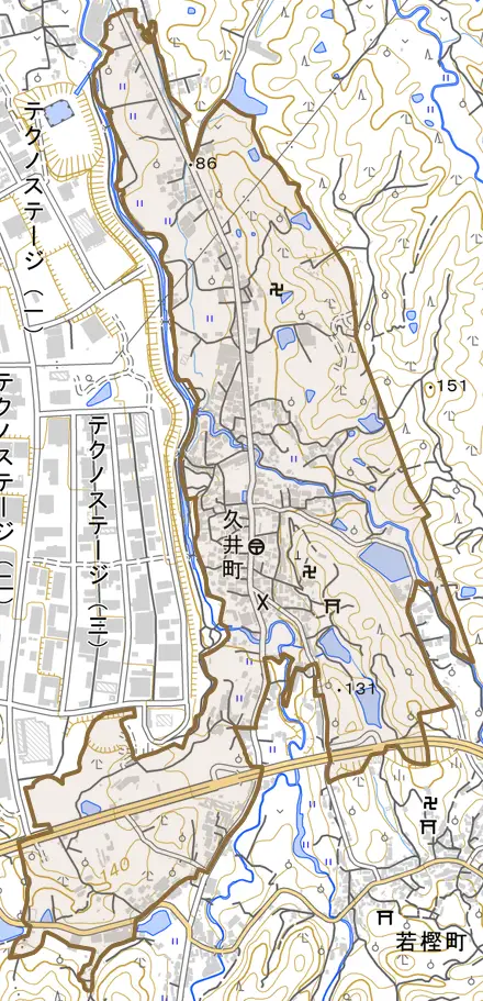 久井町とその周辺の地図。町の範囲を重ねている