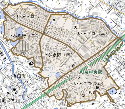 いぶき野とその周辺の地図。町の範囲を重ねている