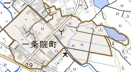一条院町とその周辺の地図。町の範囲を重ねている