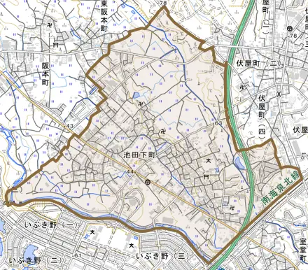 池田下町とその周辺の地図。町の範囲を重ねている