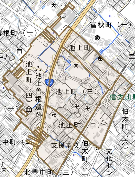 池上町とその周辺の地図。町の範囲を重ねている