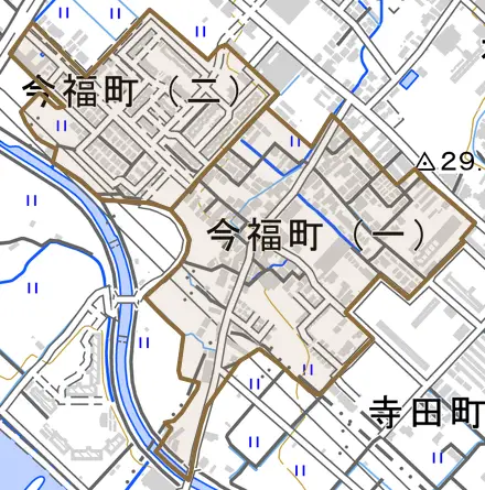 今福町とその周辺の地図。町の範囲を重ねている