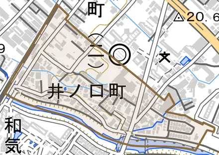 井ノ口町とその周辺の地図。町の範囲を重ねている