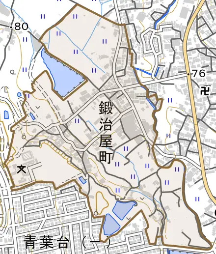 鍛治屋町とその周辺の地図。町の範囲を重ねている