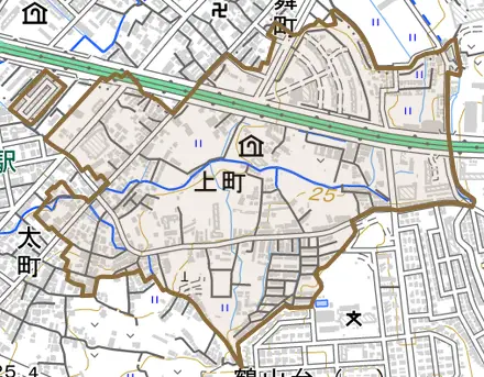 上町とその周辺の地図。町の範囲を重ねている