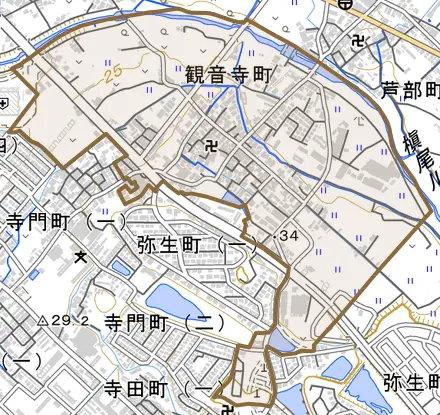 観音寺町とその周辺の地図。町の範囲を重ねている