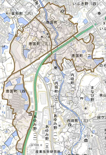 唐国町とその周辺の地図。町の範囲を重ねている