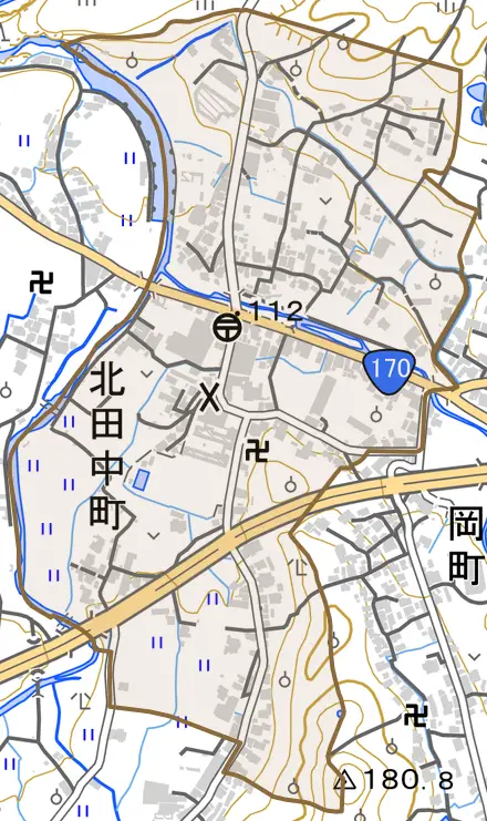 北田中町とその周辺の地図。町の範囲を重ねている