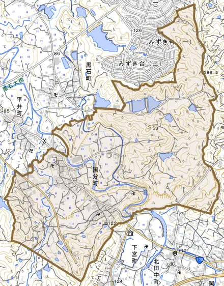 国分町とその周辺の地図。町の範囲を重ねている