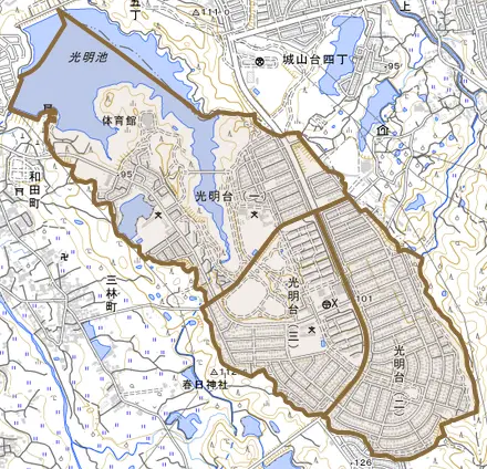 光明台とその周辺の地図。町の範囲を重ねている