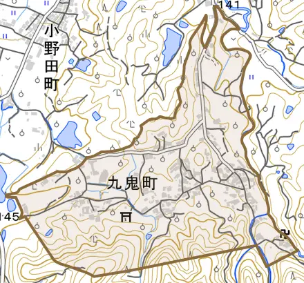 九鬼町とその周辺の地図。町の範囲を重ねている
