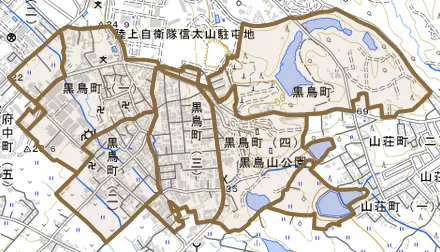 黒鳥町とその周辺の地図。町の範囲を重ねている