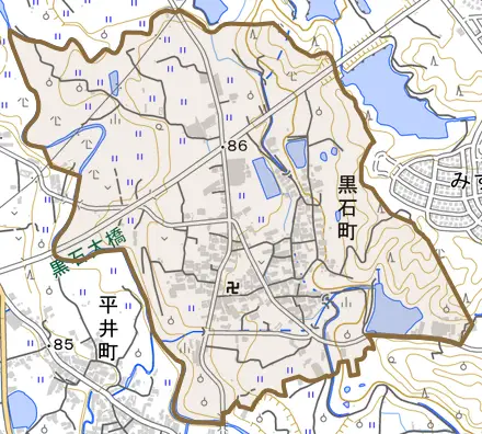 黒石町とその周辺の地図。町の範囲を重ねている