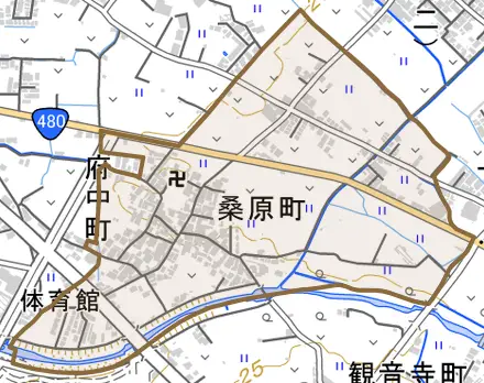 桑原町とその周辺の地図。町の範囲を重ねている