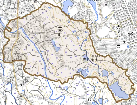 三林町とその周辺の地図。町の範囲を重ねている