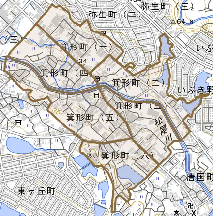 箕形町とその周辺の地図。町の範囲を重ねている