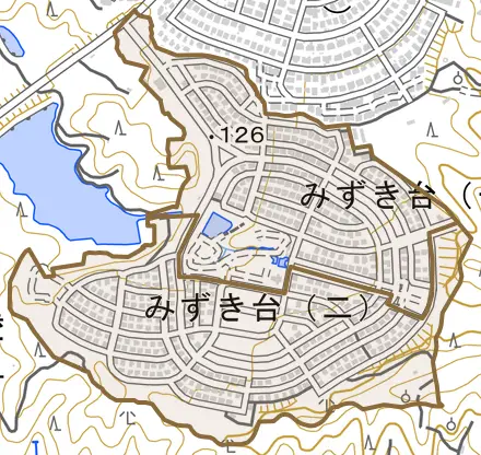 みずき台とその周辺の地図。町の範囲を重ねている