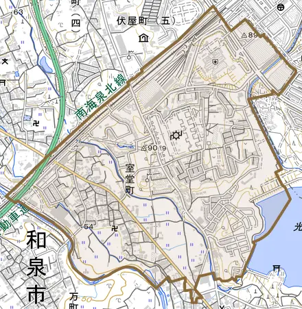 室堂町とその周辺の地図。町の範囲を重ねている