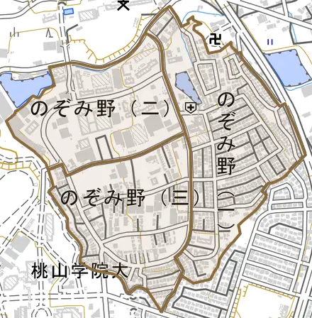 のぞみ野とその周辺の地図。町の範囲を重ねている