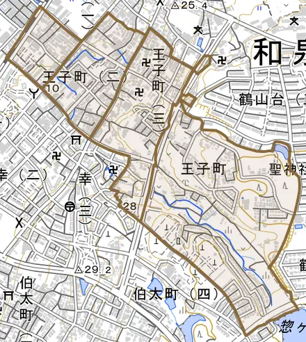 王子町とその周辺の地図。町の範囲を重ねている