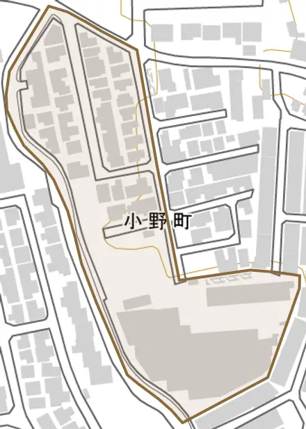 小野町とその周辺の地図。町の範囲を重ねている