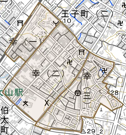 幸とその周辺の地図。町の範囲を重ねている