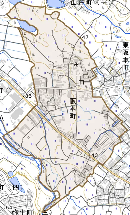 阪本町とその周辺の地図。町の範囲を重ねている
