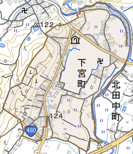 下宮町とその周辺の地図。町の範囲を重ねている