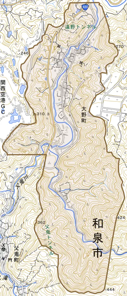 大野町とその周辺の地図。町の範囲を重ねている